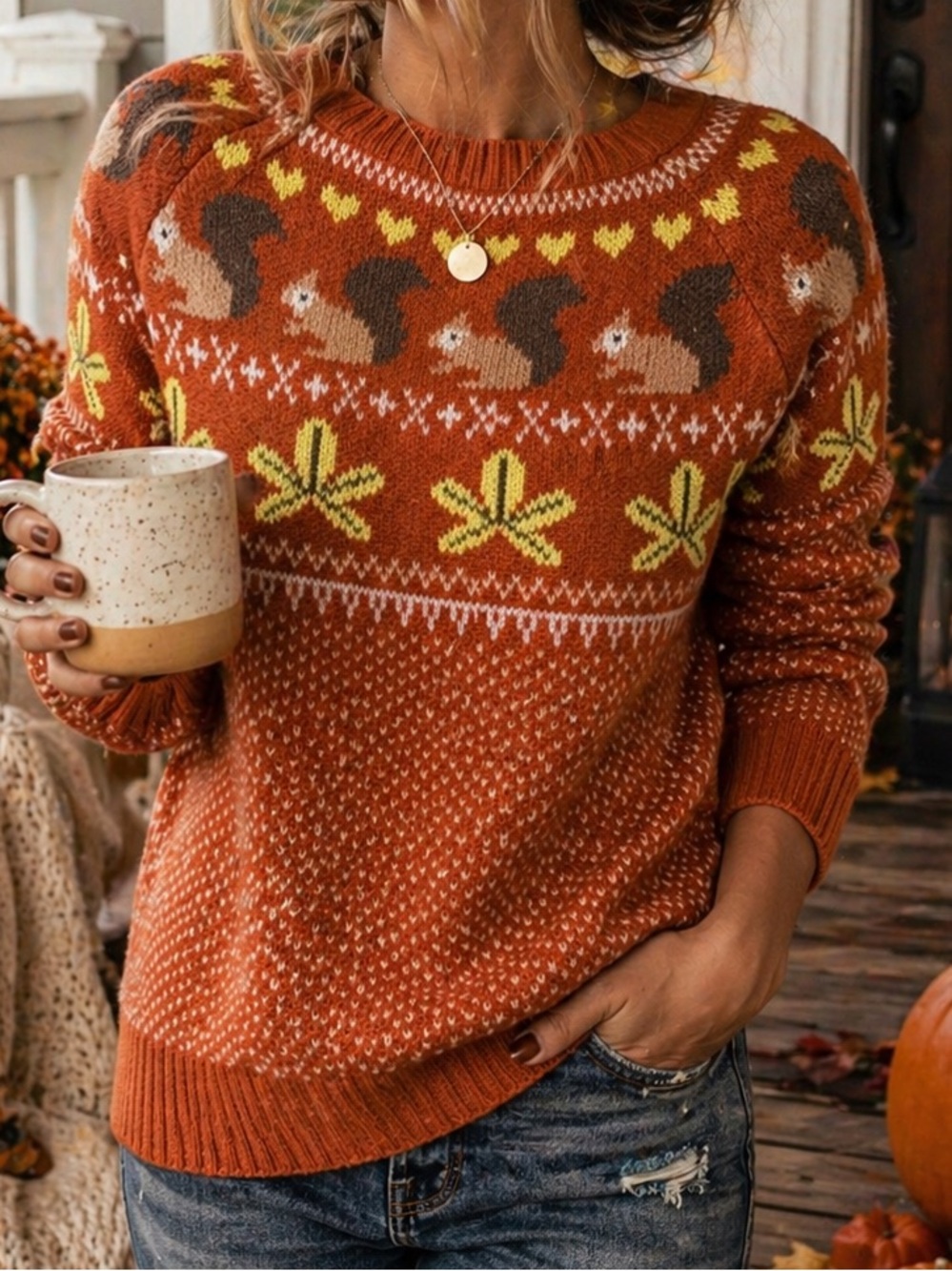 Fall Squirrel Sweater Cozy Autumn Graphic Crewneck
